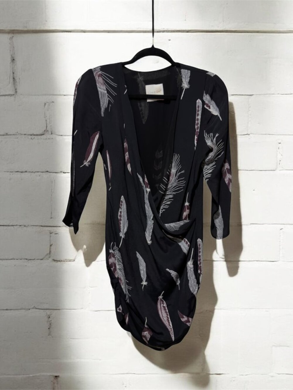 Line & Dot Black Feather Print Surplice Faux Wrap Mini Dress V-Neck